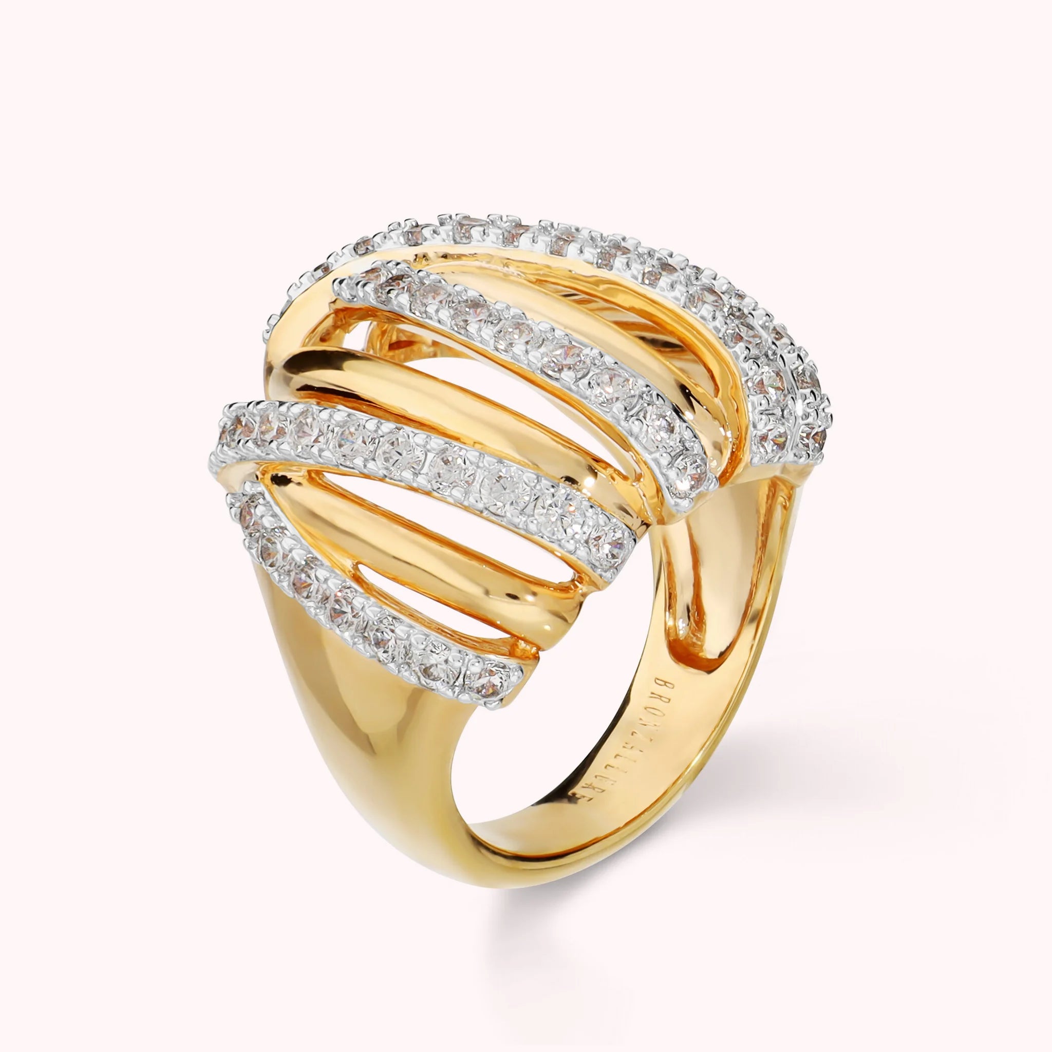 Braided multi-strand band ring with cubic zirconia, plated with 18Kt gold