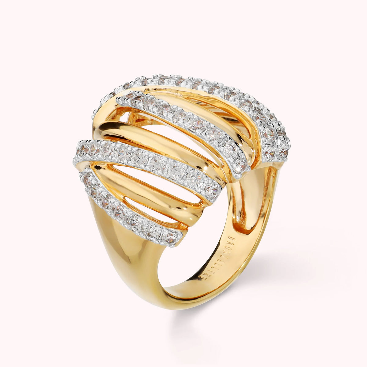 Braided multi-strand band ring with cubic zirconia, plated with 18Kt gold
