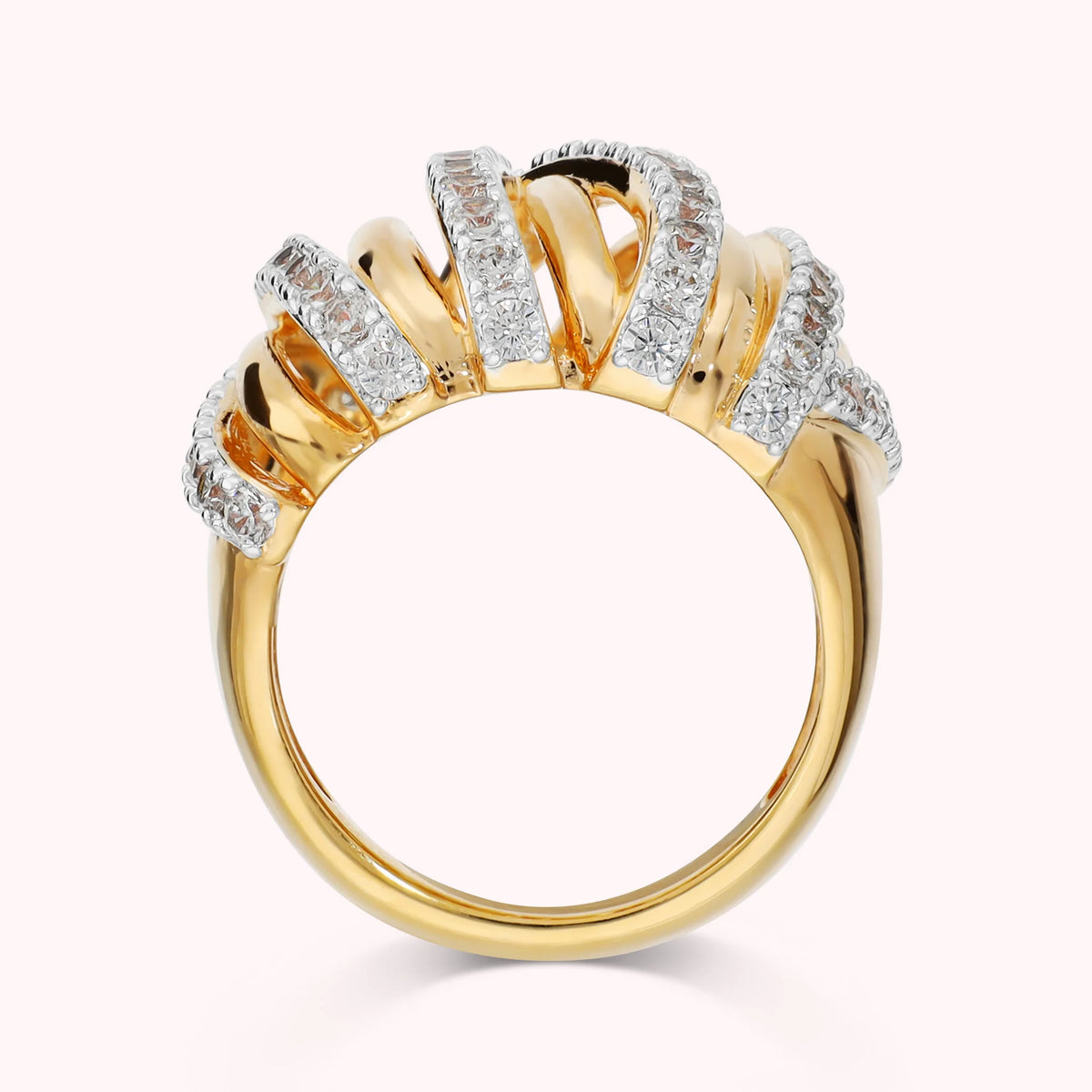 Braided multi-strand band ring with cubic zirconia, plated with 18Kt gold