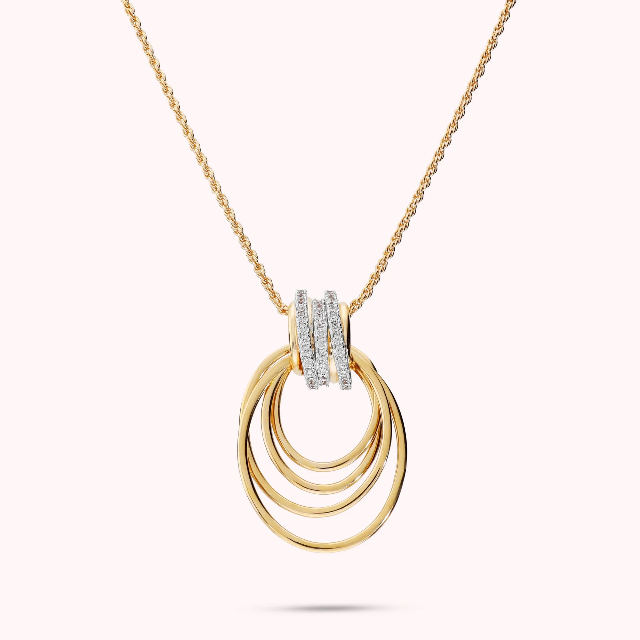 Long necklace with degradé multi-strand pendant and cubic zirconia, plated with 18Kt gold