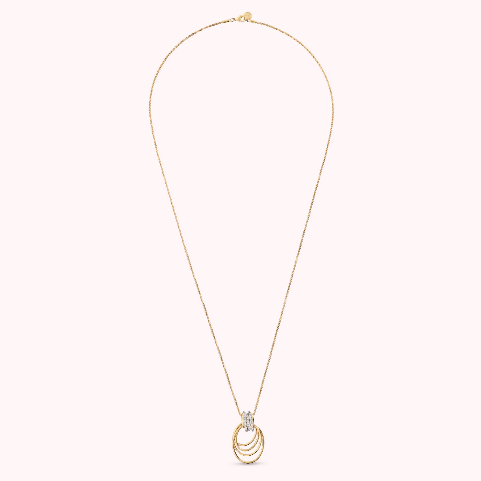 Long necklace with degradé multi-strand pendant and cubic zirconia, plated with 18Kt gold