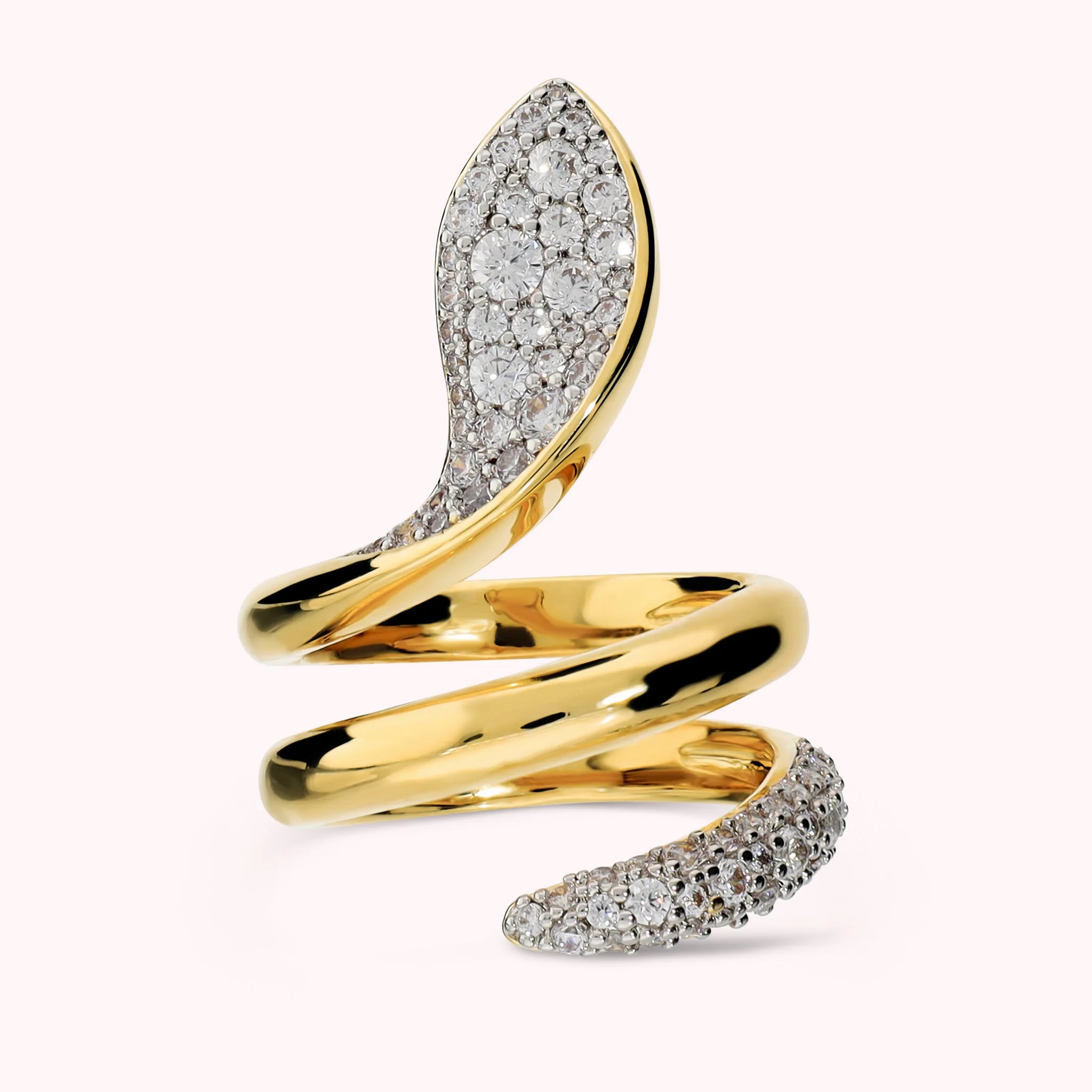 Contrarié Snake ring with cubic zirconia pavé, plated with 18Kt gold