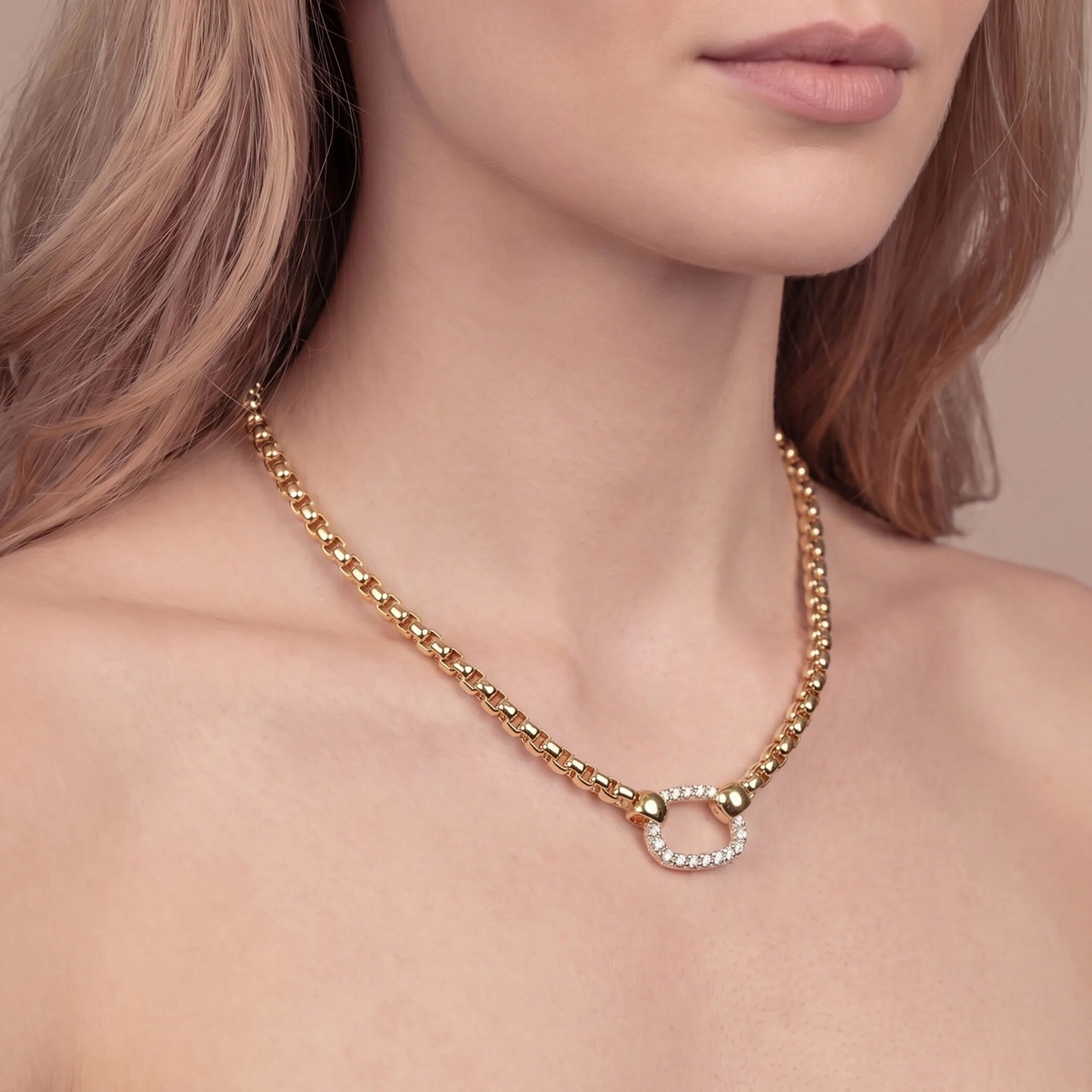 Necklace with rectangular cubic zirconia element, 18Kt gold-plated