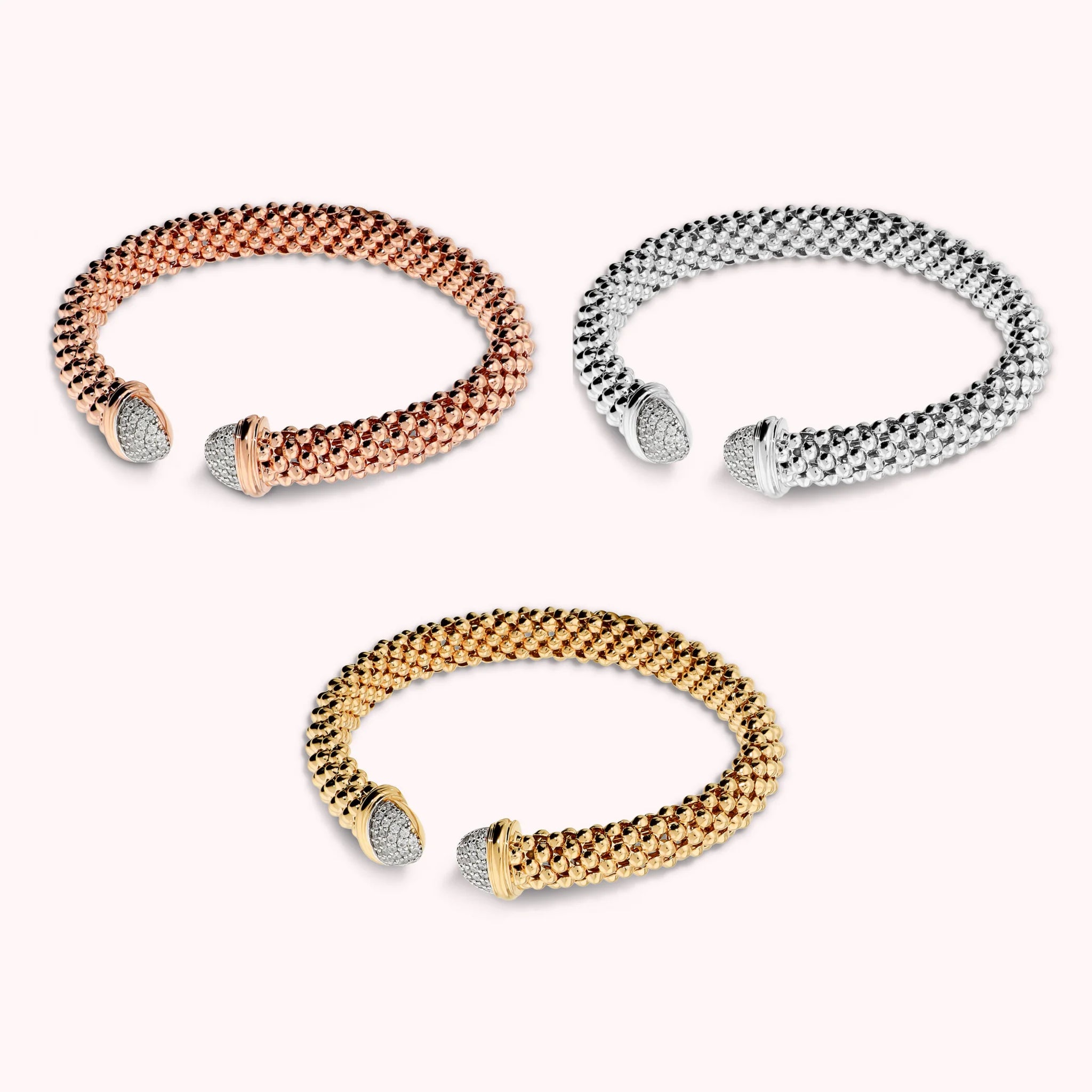 Set of 3 rigid popcorn mesh bracelets with cubic zirconia pavé ends