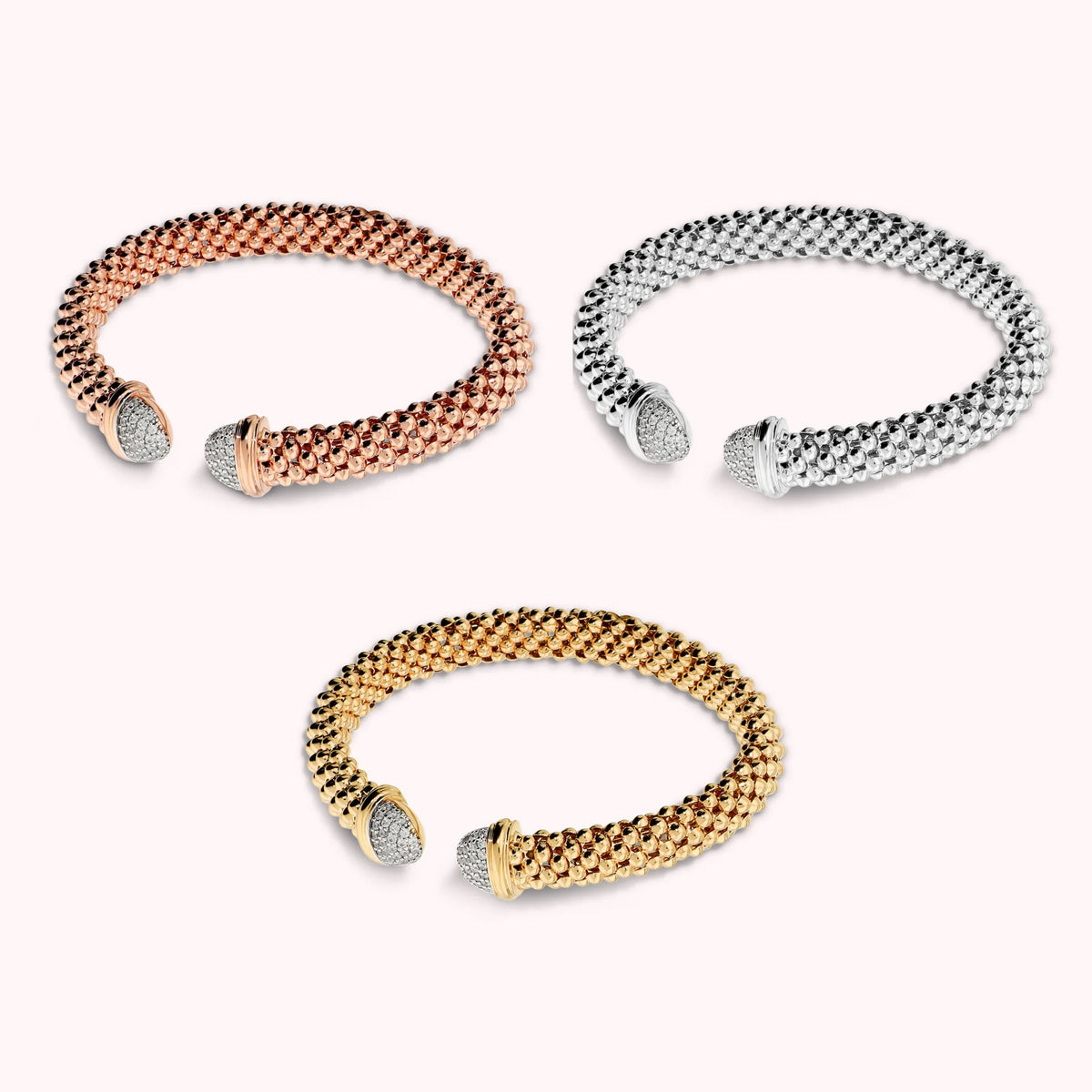 Set of 3 rigid popcorn mesh bracelets with cubic zirconia pavé ends
