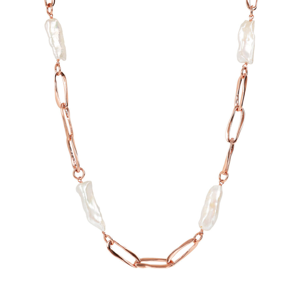 Lange ovale, gedrehte Halskette mit weißen Perlen