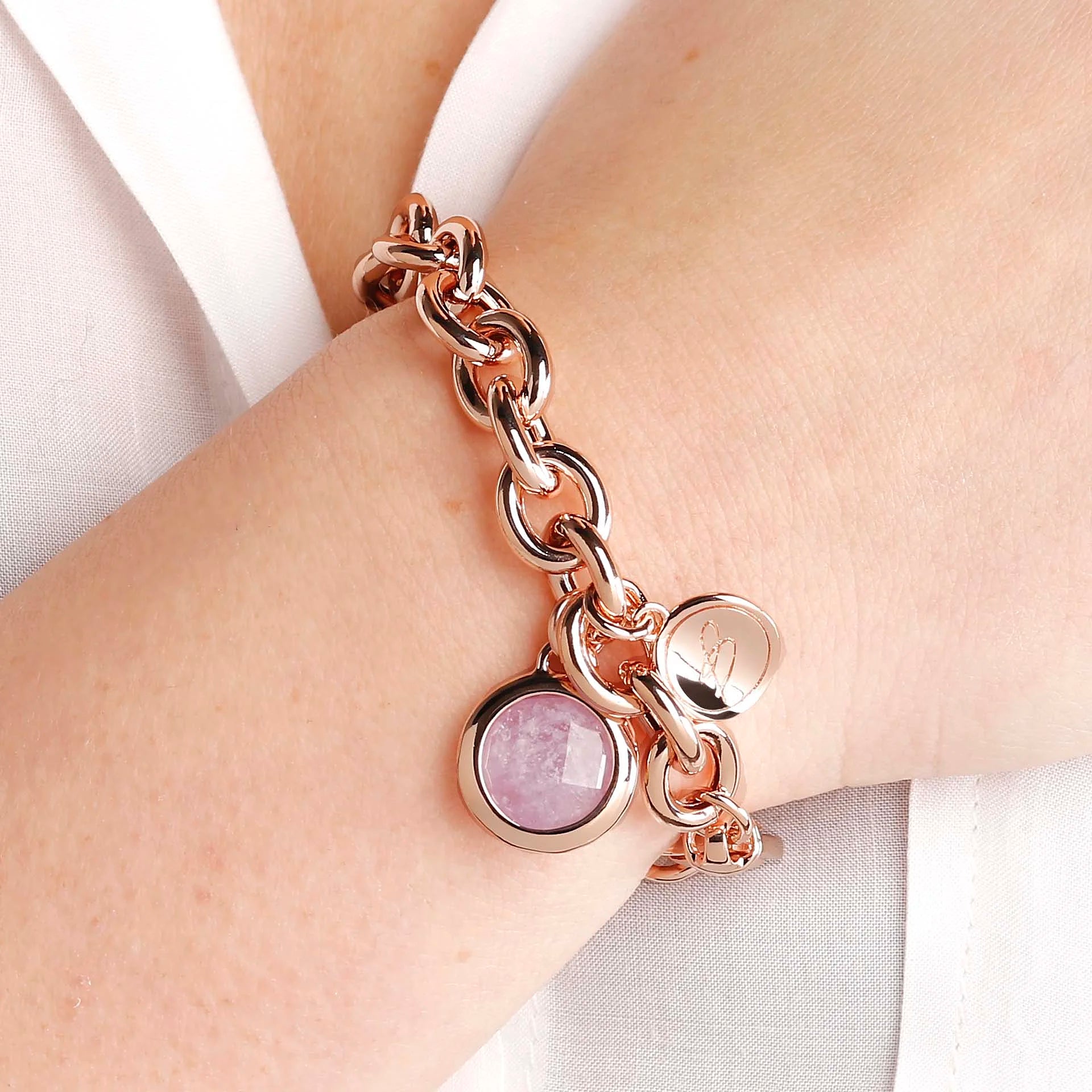 Bracciale Catena Rolo con Ciondolo in Pietra Naturale Tonda