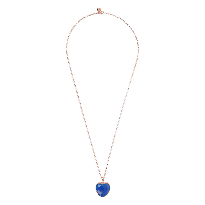 Long Oval Rolo Chain Necklace with Heart Pendant in Faceted Natural Stone
