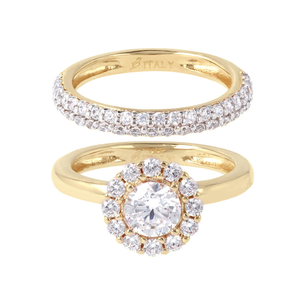 Golden Ring Set with Cubic Zirconia Band and Flower
