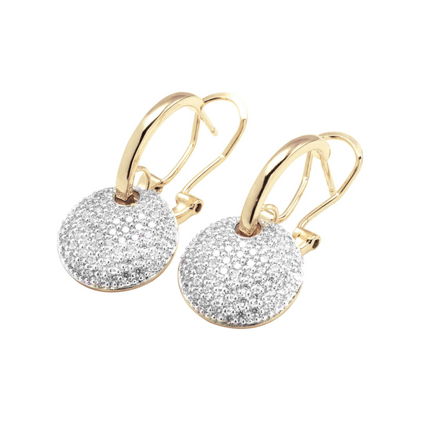 Golden Pendant Earrings with Round Pavé in Cubic Zirconia