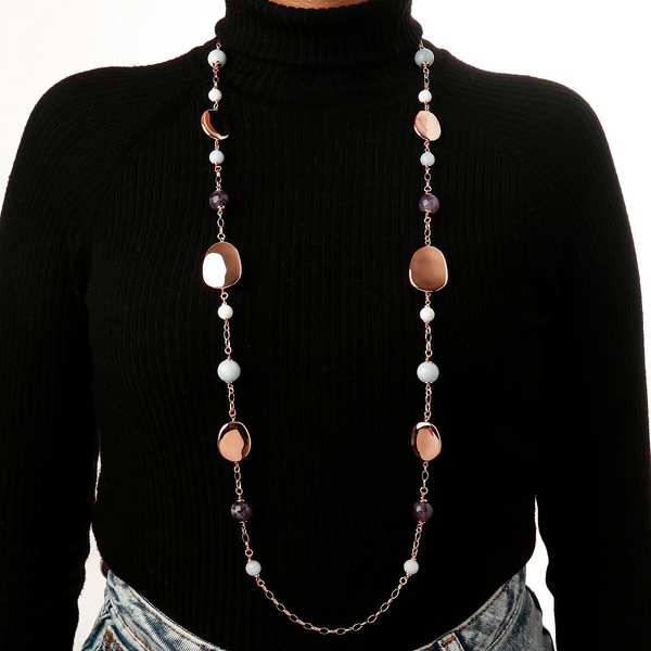 Long Oval Rolo Chain Necklace with Shiny Elements and Natural Stones