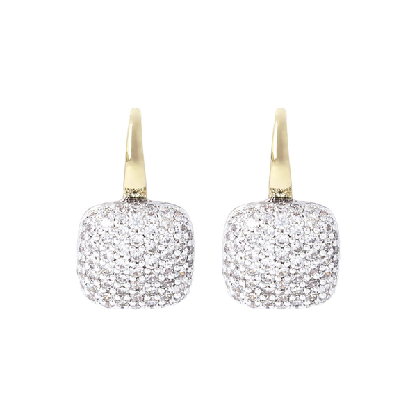 Golden Square Pendant Earrings with Pavé in Cubic Zirconia