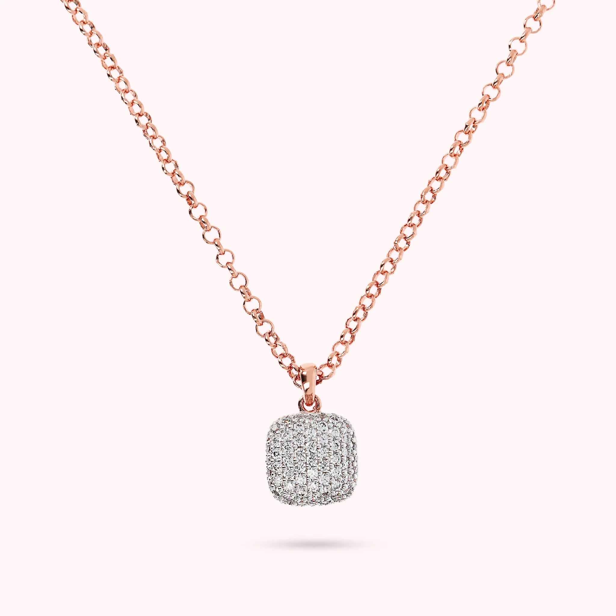 Collana Catena Rolo con Pendente Quadrato Pavé in Cubic Zirconia