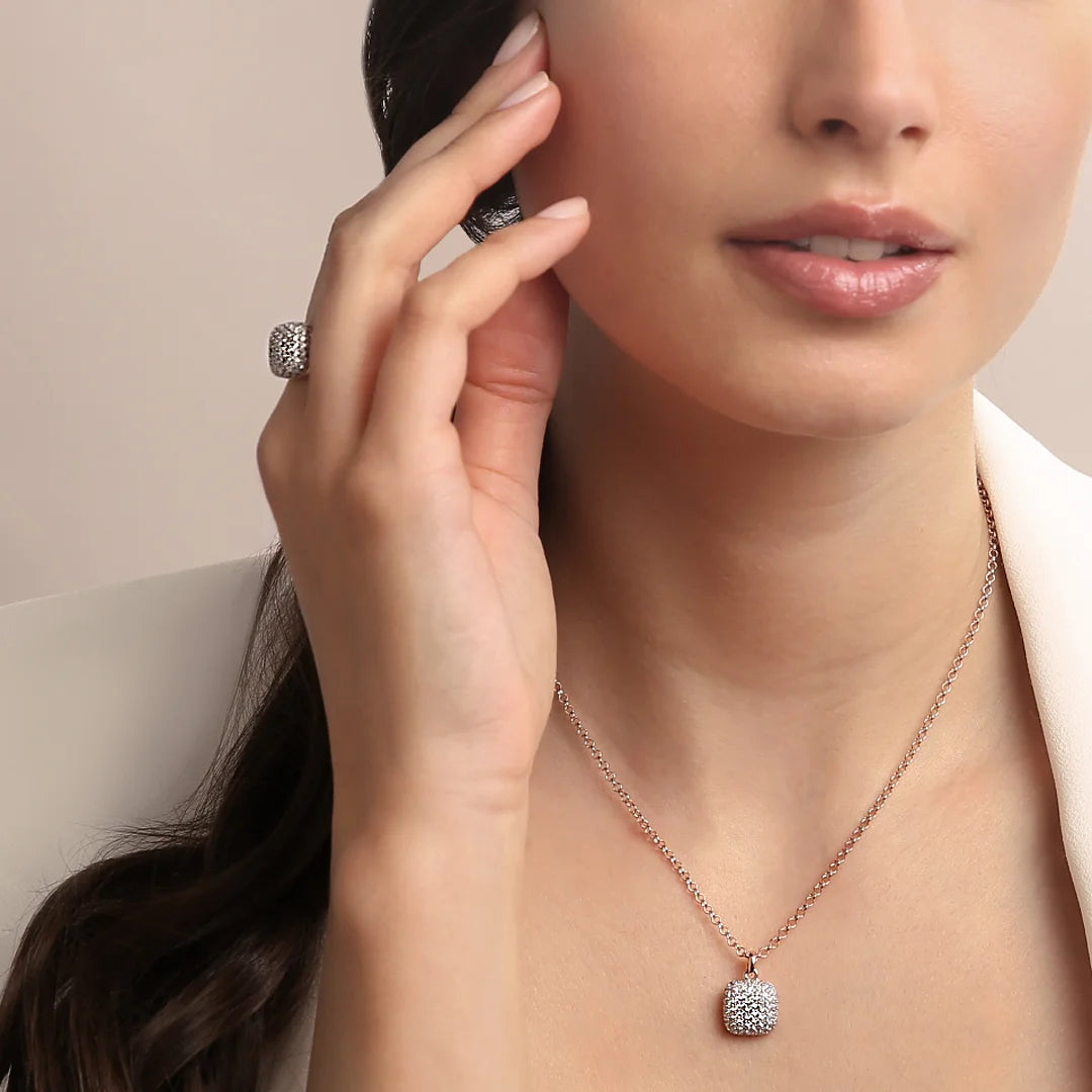 Rolo-Kette mit quadratischem Anhänger, Pavé aus Zirkonia
