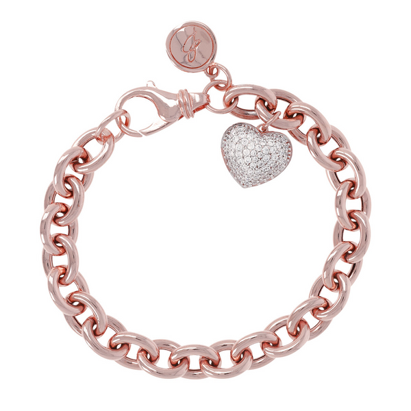 Rolo Chain Bracelet with Pavé Heart Pendant in Cubic Zirconia