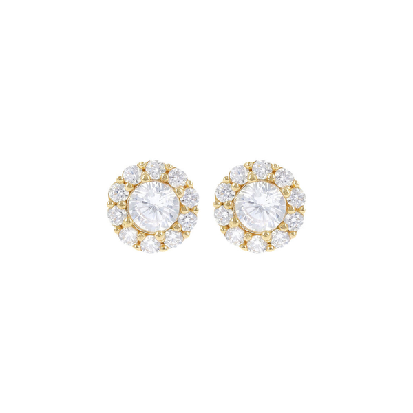 Golden Button Earrings with Cubic Zirconia Flower