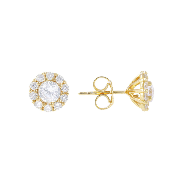 Golden Button Earrings with Cubic Zirconia Flower