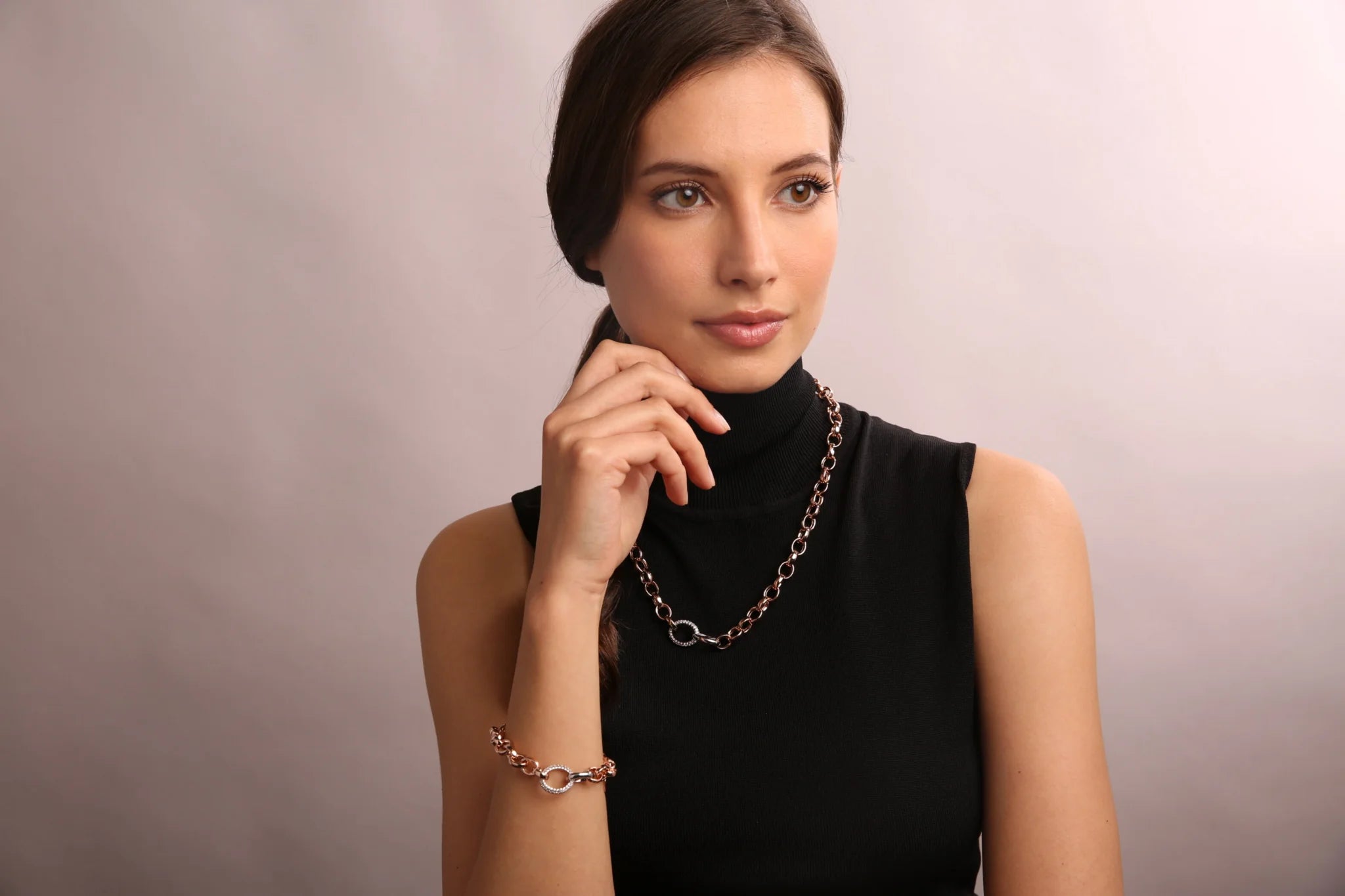 Collana Catena Rolo ed Elemento Pavé in Cubic Zirconia