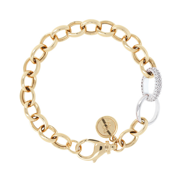 Golden Rolo Chain Bracelet with Pavé Element in Cubic Zirconia
