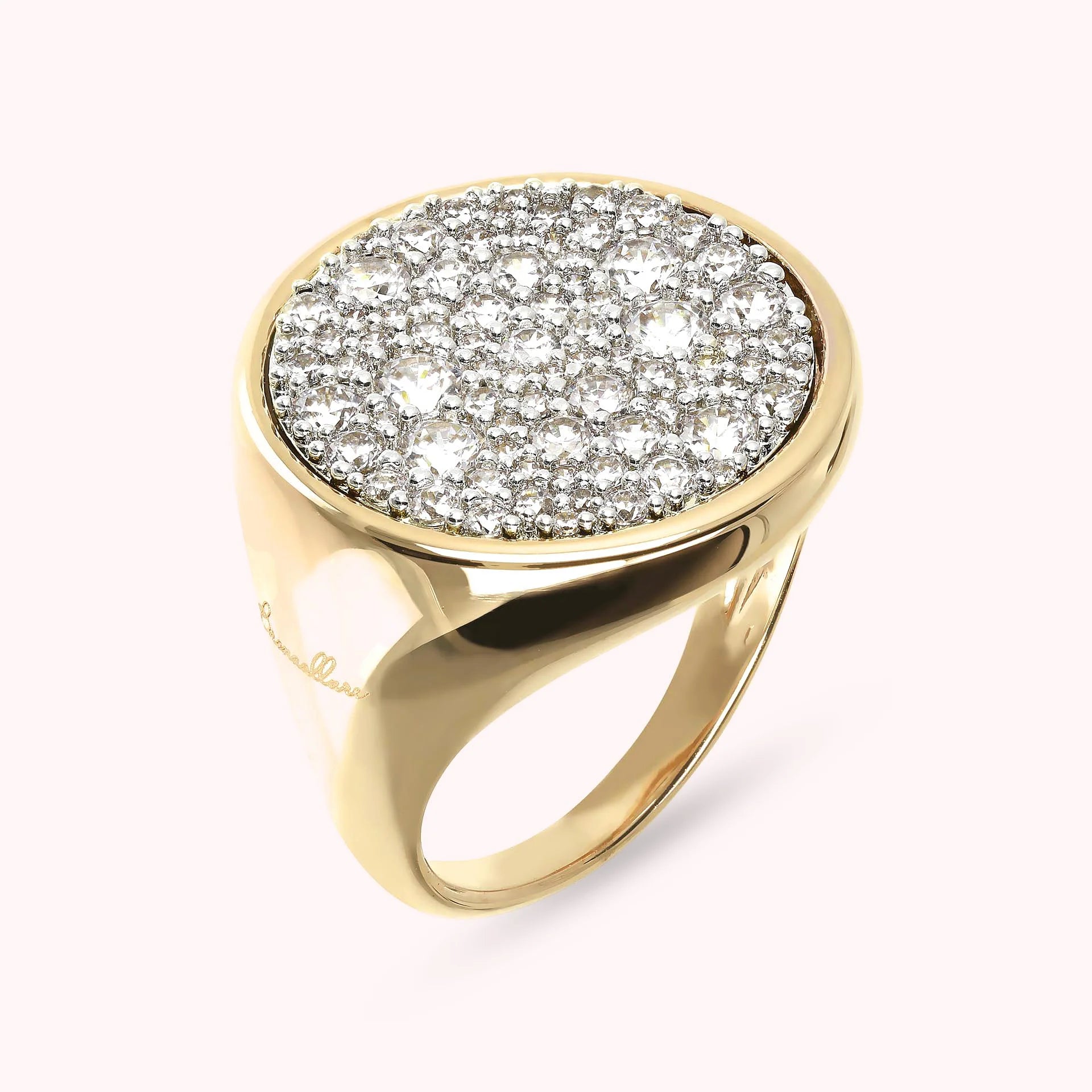 Golden Chevalier Ring with Round Cubic Zirconia Pavé