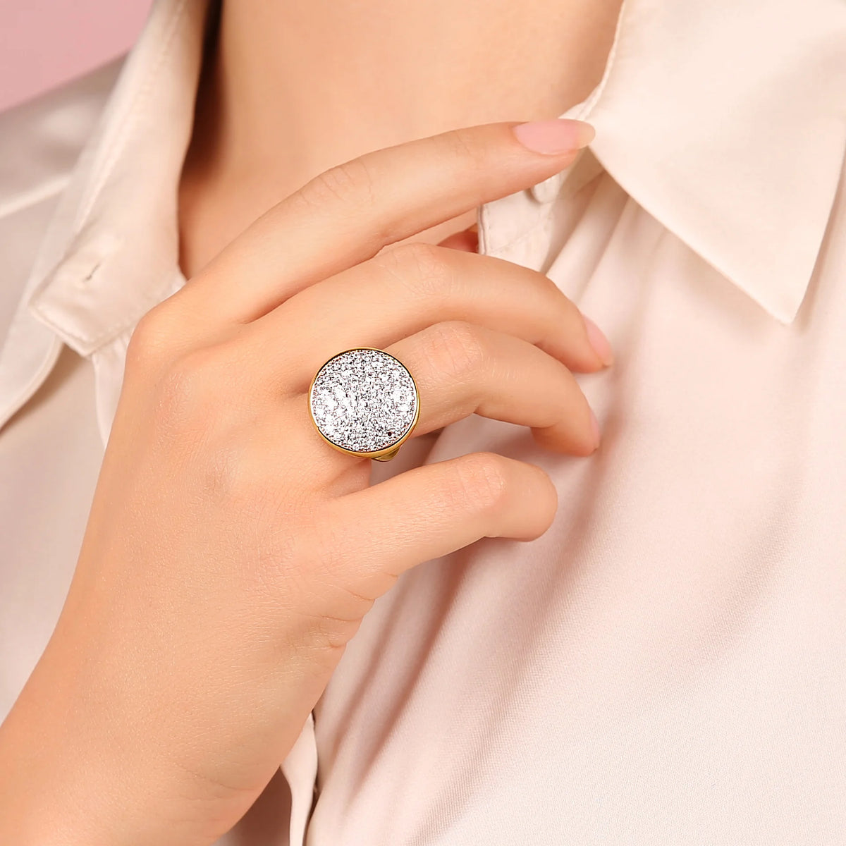 Golden Chevalier Ring with Round Cubic Zirconia Pavé
