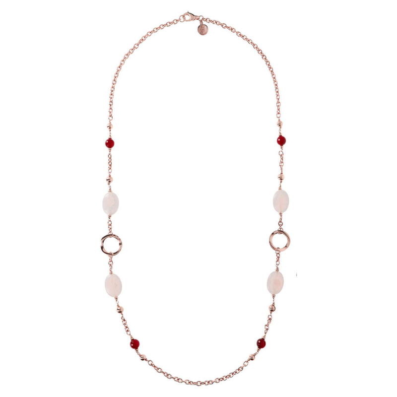 Long Necklace with Details in Golden Rosé and Natural Stones