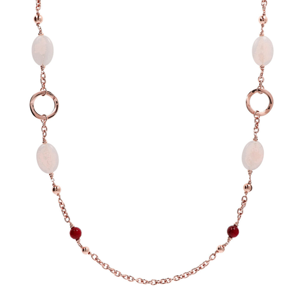 Long Necklace with Details in Golden Rosé and Natural Stones