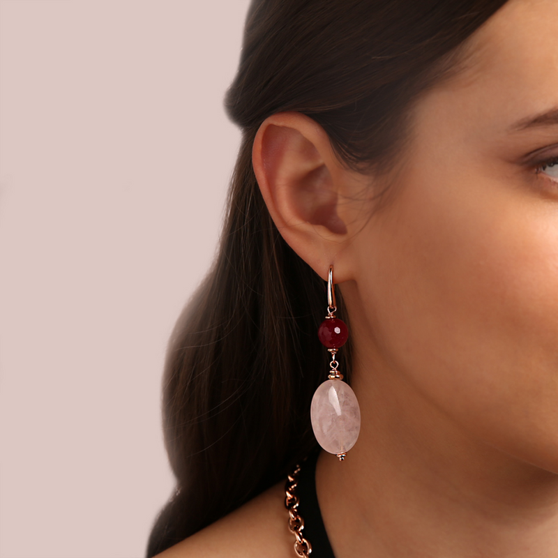 Pendant Earrings with Red Quartzite and Rose Quartz