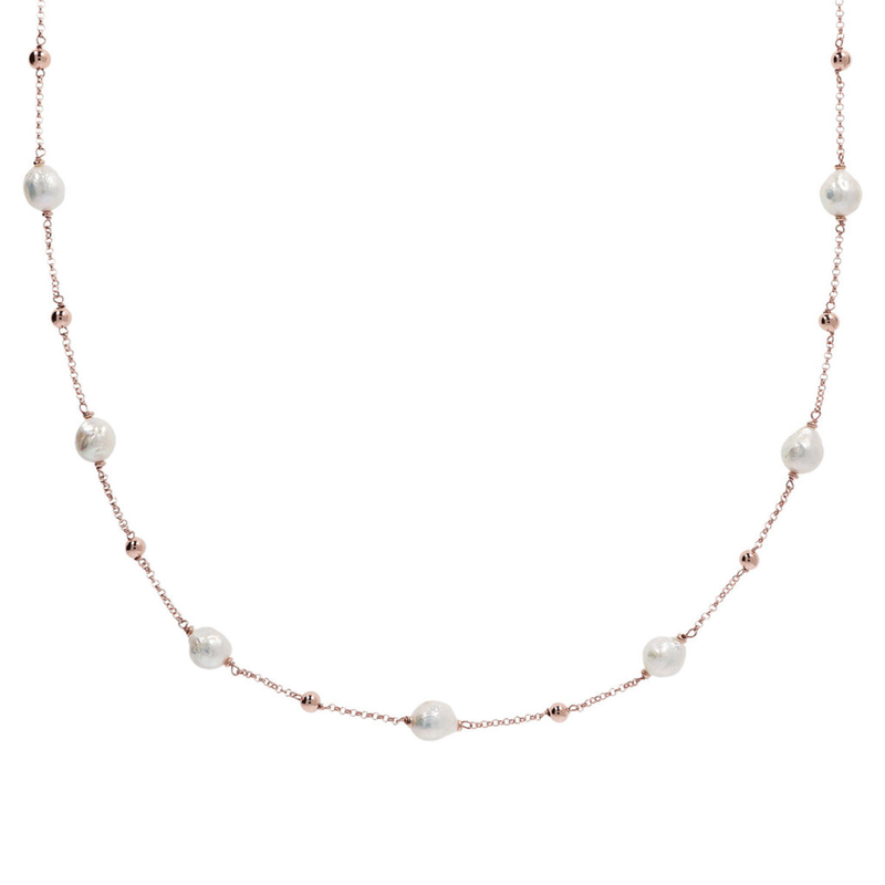 Long Necklace with Golden Rosé Spheres and Freshwater Cultured Pearls Ø 10 mm