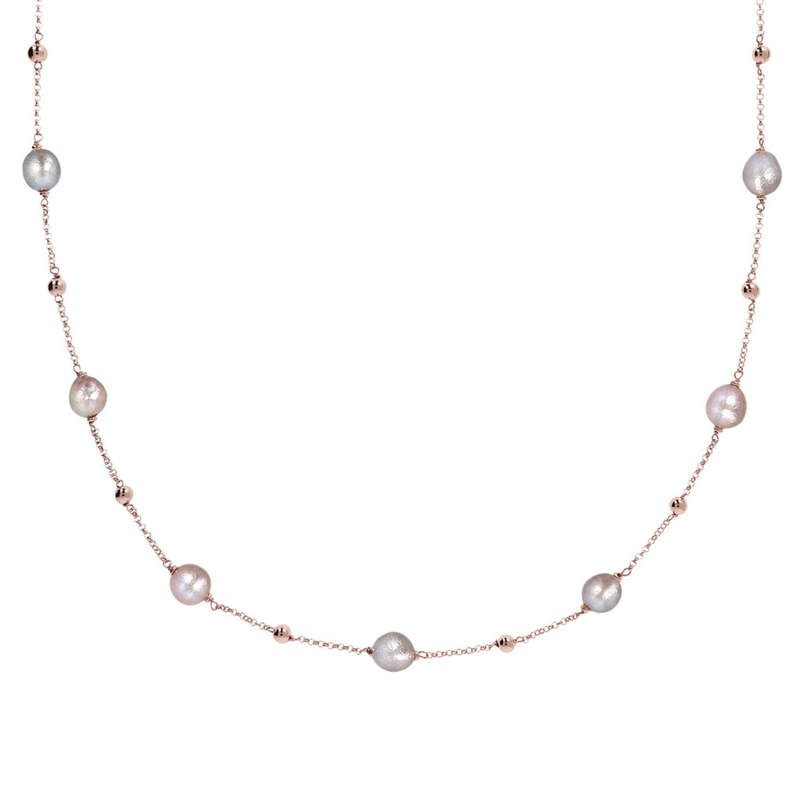 Lange Halskette mit Süßwasser-Zuchtperlen und Golden Rosé-Kugeln Ø 10 mm