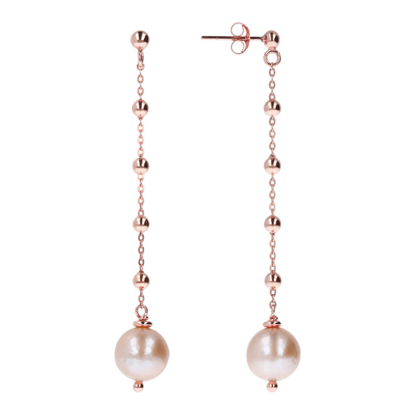 Boucles d'oreilles pendantes fil avec boules et perle de culture Ming d'eau douce rose