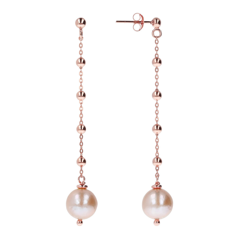Wire Pendant Earrings with Balls and Pink Freshwater Cultured Ming Pearl Ø 10 mm