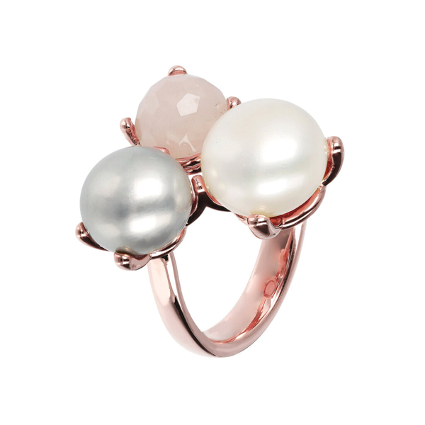 Trilogy Ring with Freshwater Cultured Pearls and Natural Stone