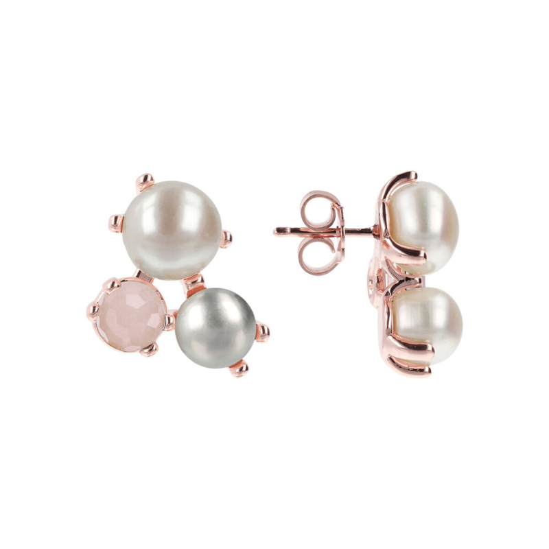 Trilogy Stud Earrings with Natural Stone and Freshwater Cultured Pearls Ø 9/10 mm