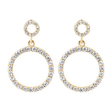 Golden Double Circle Pendant Earrings with Pavé in Cubic Zirconia