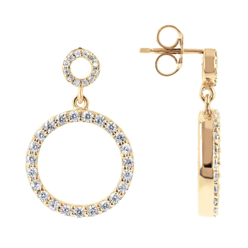 Golden Double Circle Pendant Earrings with Pavé in Cubic Zirconia