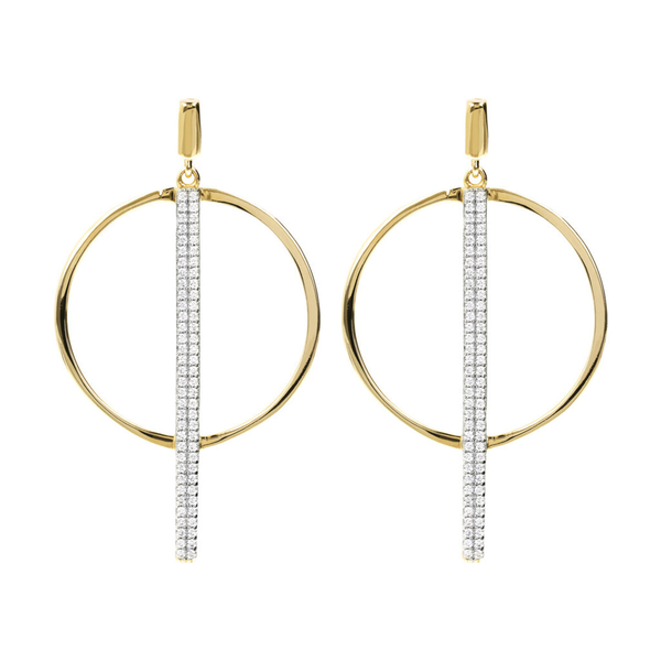 Golden Pendant Earrings with Circle and Pavé in Cubic Zirconia