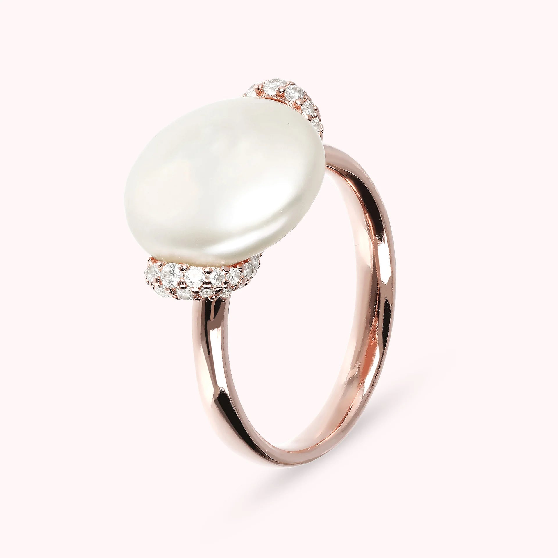 Cocktail Ring with Cubic Zirconia and Freshwater White Button Pearl Ø 13/14 mm