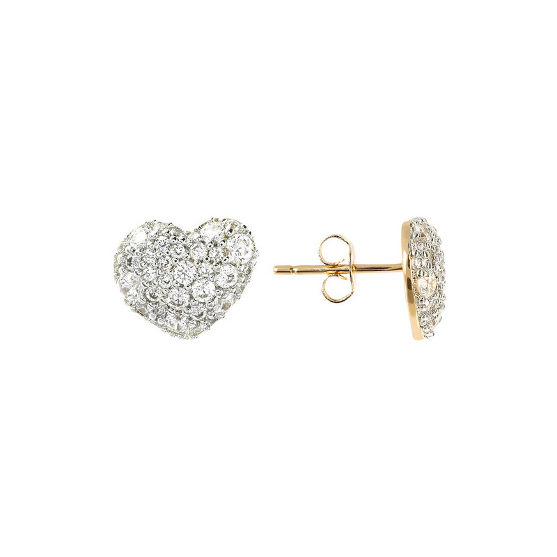 Golden Heart Stud Earrings with Pavé in Cubic Zirconia