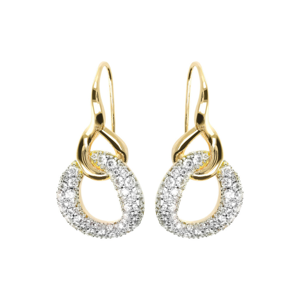 Golden Pendant Earrings with Pavé Pendant in Cubic Zirconia