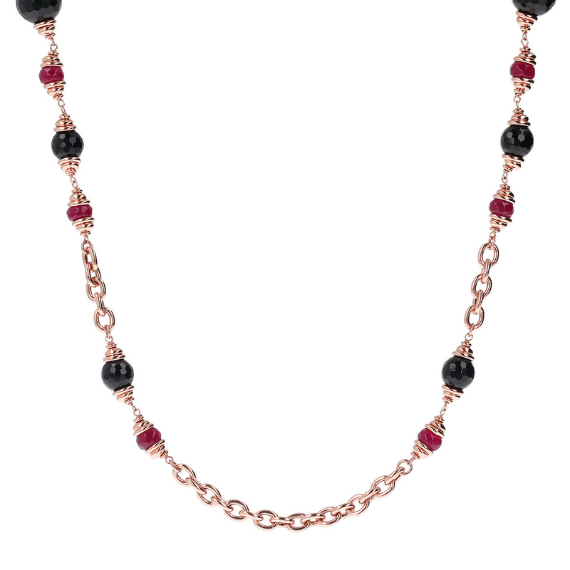 Long Rolo Chain Necklace with Black Onyx and Red Quartz