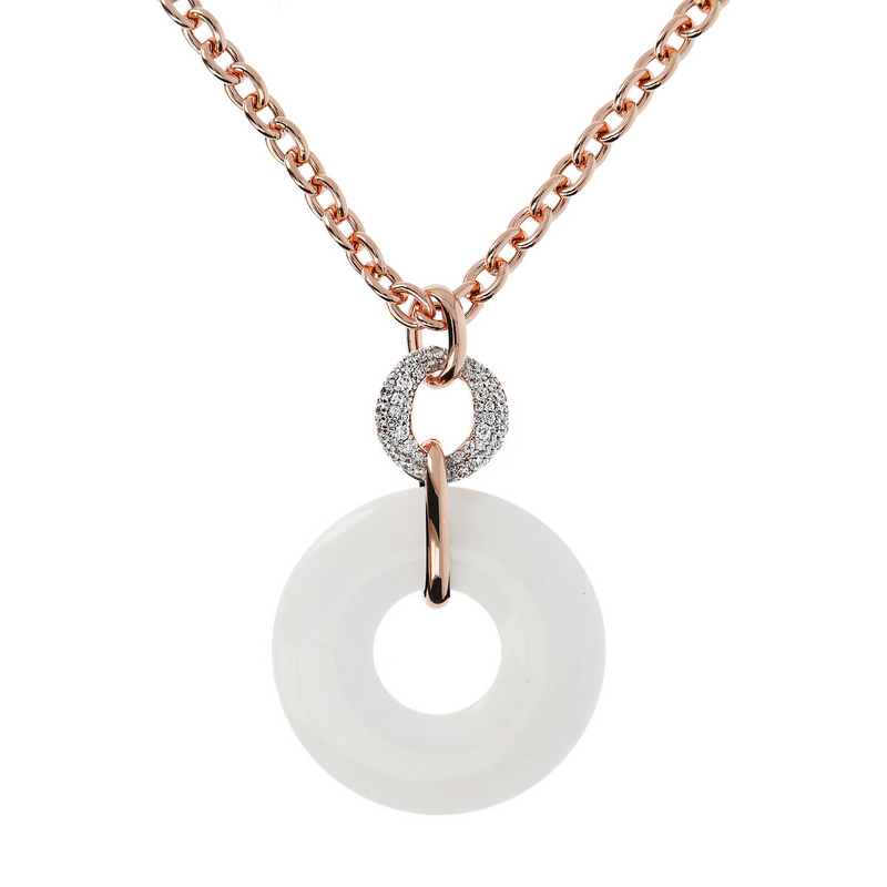 Rolo Chain Necklace with Double Circle Pendant in Natural Stone and Zirconia