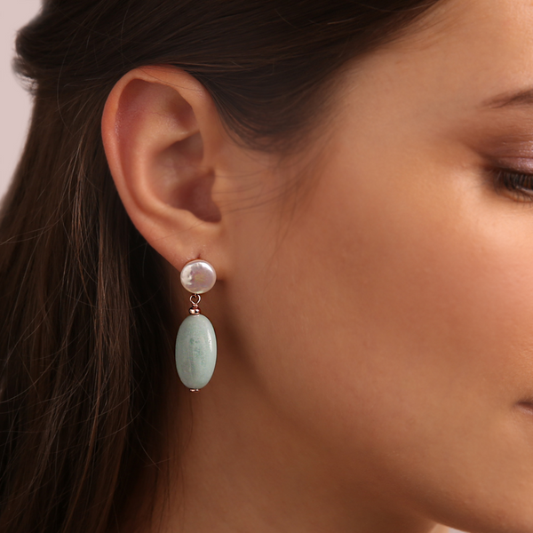 Boucles d'oreilles pendantes avec pierres naturelles et perles de culture d'eau douce