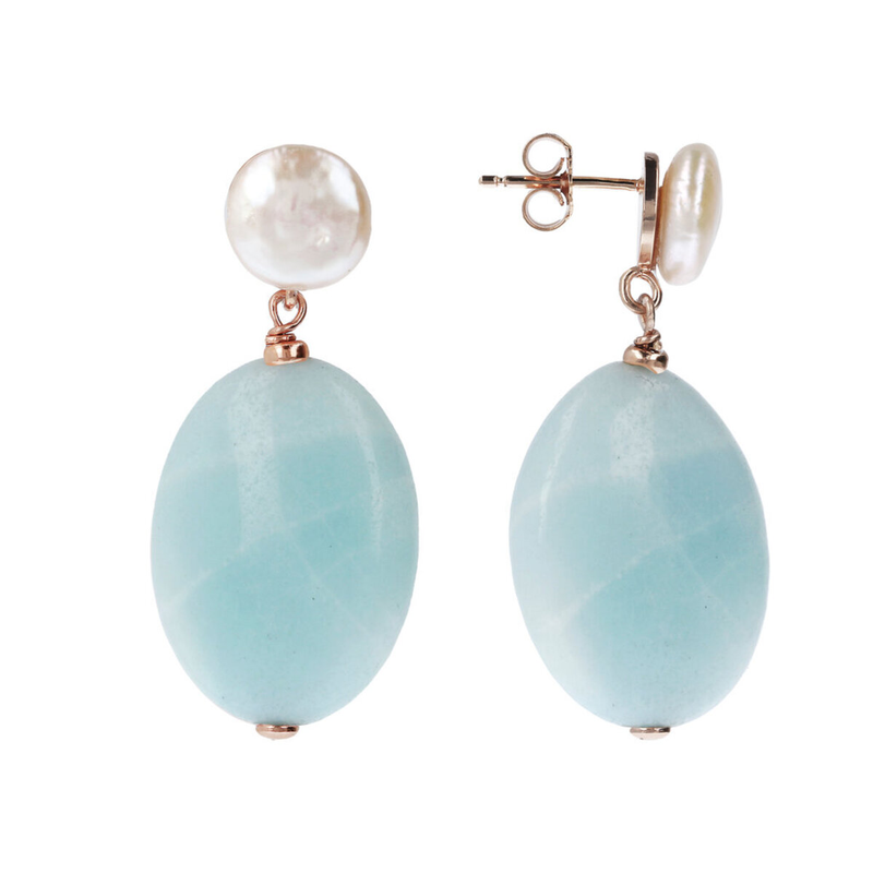 Pendant Earrings with Natural Stones and Freshwater Cultured Pearls