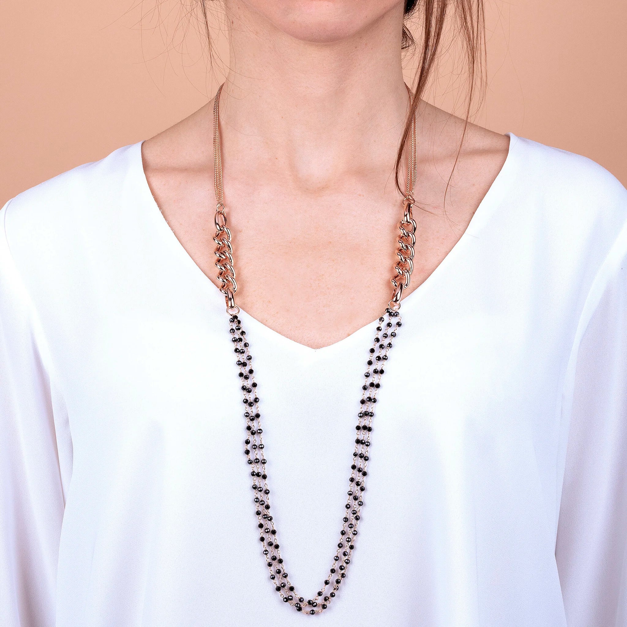 Multi-strand Long Necklace Grumetta Chain and Rosary with Natural Stones