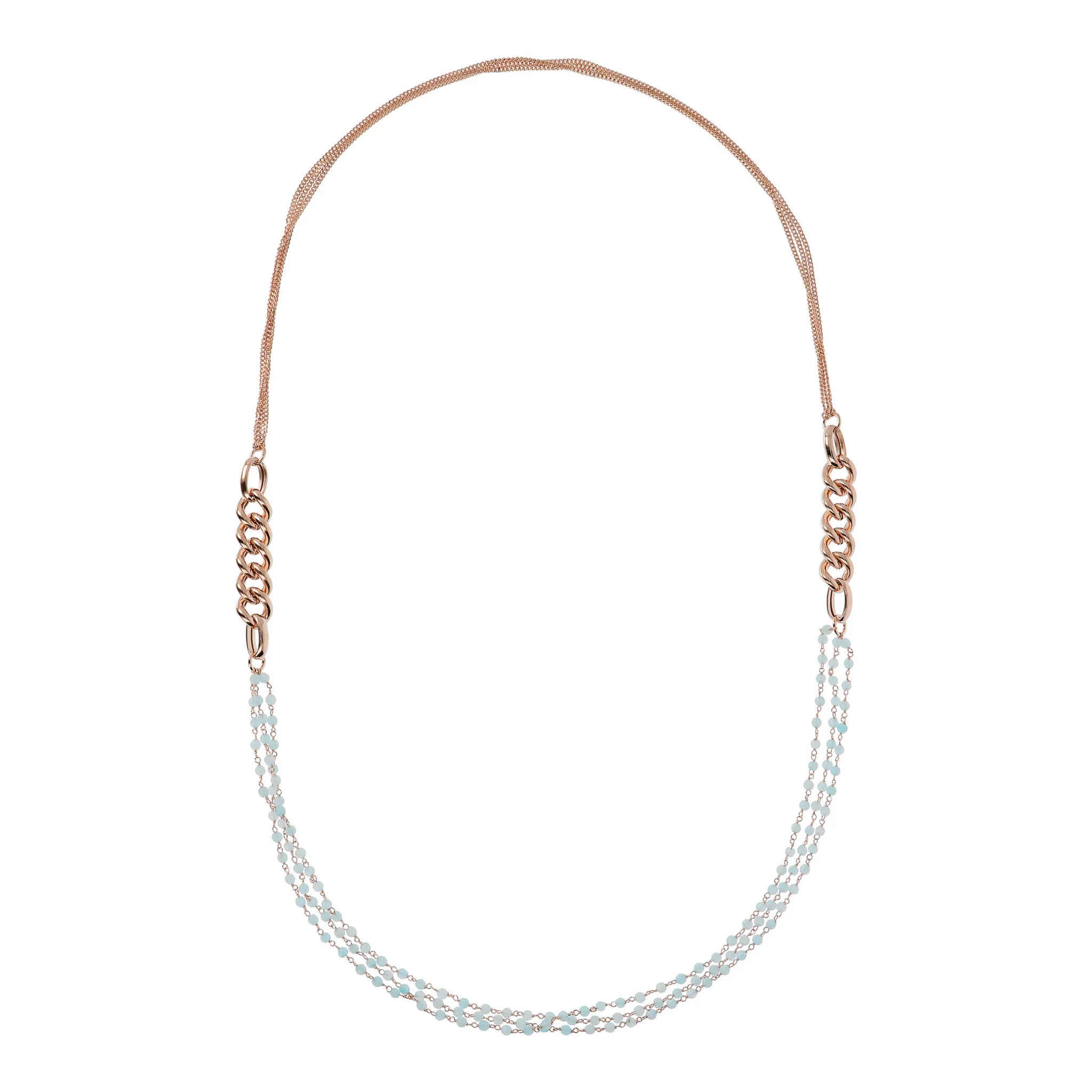 Multi-strand Long Necklace Grumetta Chain and Rosary with Natural Stones