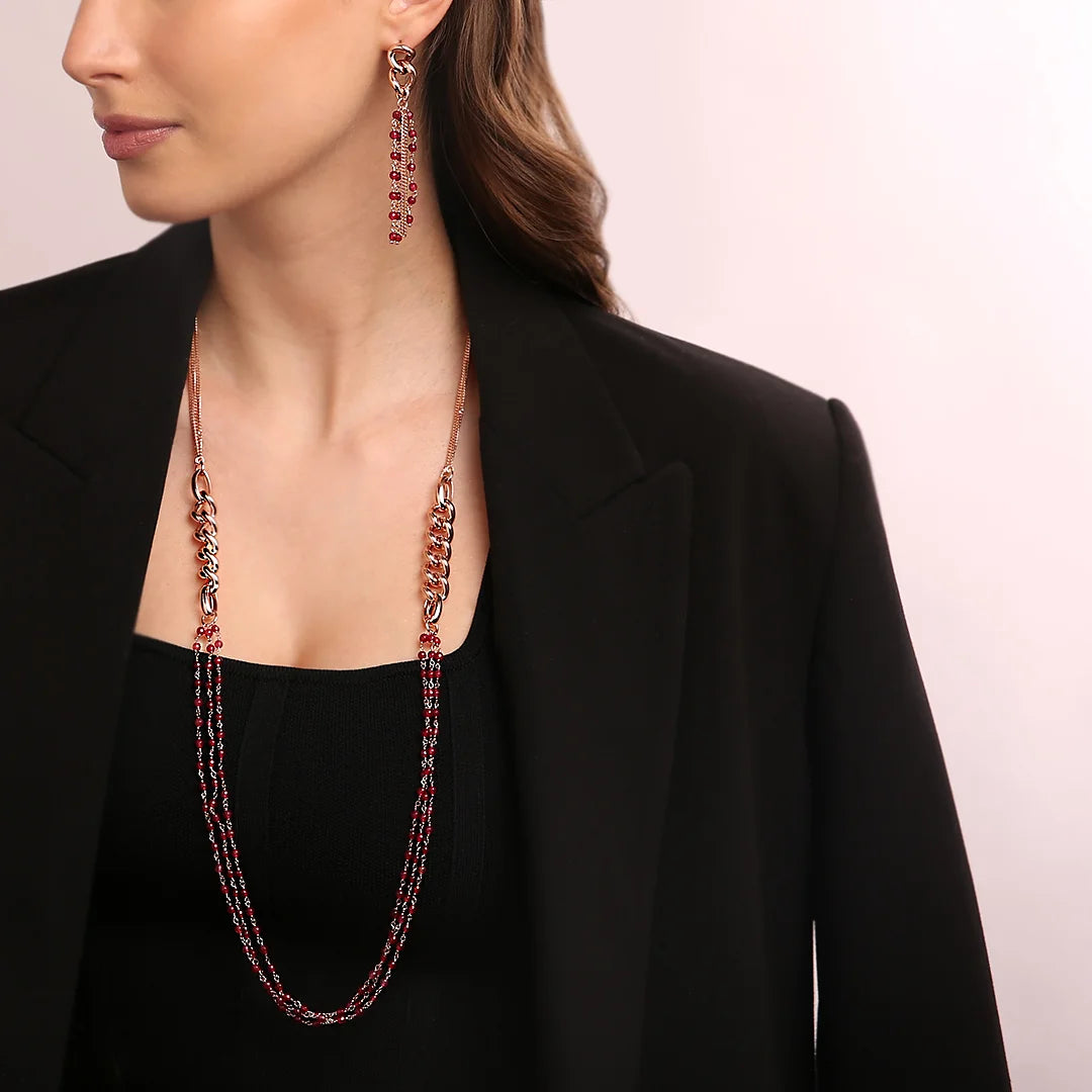 Long Multi-strand Grumetta and Rosary Necklace with Natural Stones