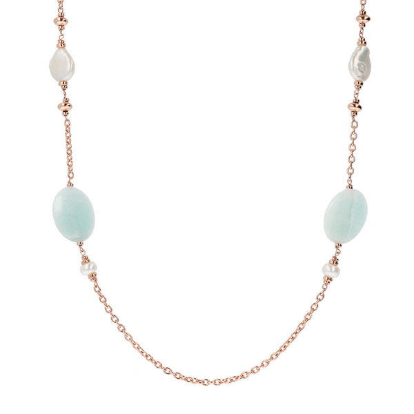 Long Necklace with Natural Stones and Freshwater Cultured Pearls