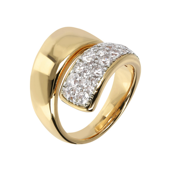 Golden Contrarié Ring with Pavé in Cubic Zirconia