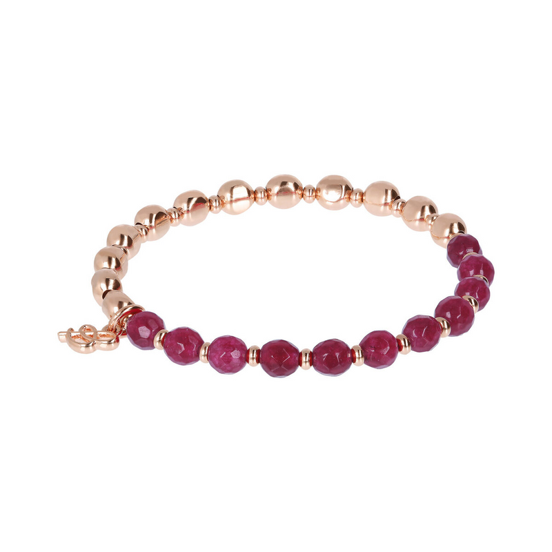 Elastic Bracelet with Natural Stones and Golden Rosé Spheres